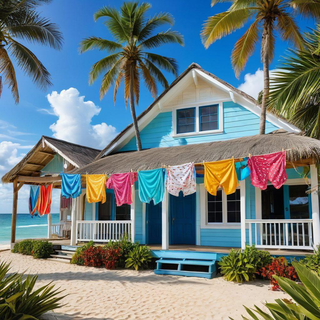 A vibrant coastal scene showcasing a stylish collection of colorful bikinis hanging on a clothesline, with a charming beach house in the background, surrounded by palm trees and a golden sandy beach. The sky is bright blue with fluffy white clouds, and gentle waves roll onto the shore. Evokes a sense of relaxation and summer vibes. super-realistic. vibrant colors. tropical atmosphere.