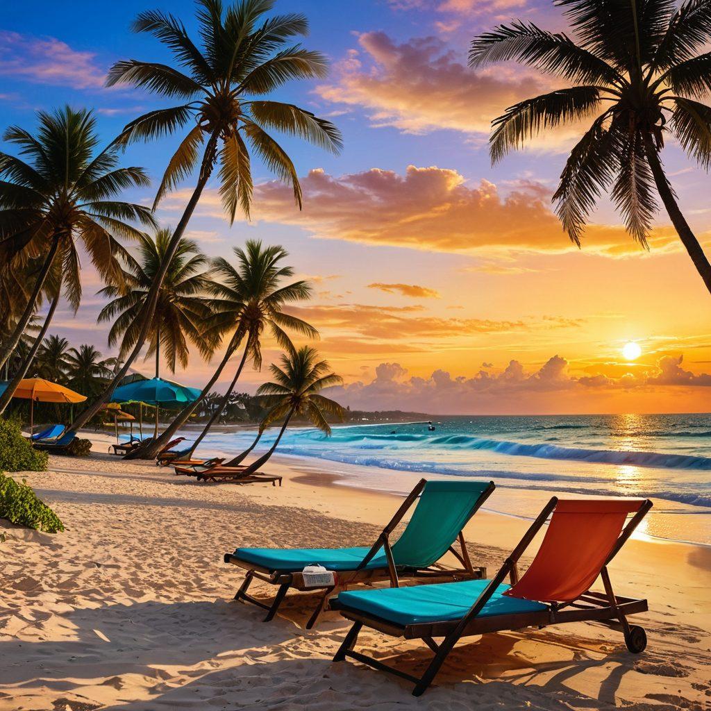 A stunning beach scene showcasing luxurious beachfront properties with clear turquoise waters and golden sand, palm trees swaying in the breeze, a sunset casting warm golden hues over the landscape, sun loungers and umbrellas dotting the shore, and a couple strolling hand-in-hand along the beach. super-realistic. vibrant colors. tropical atmosphere.